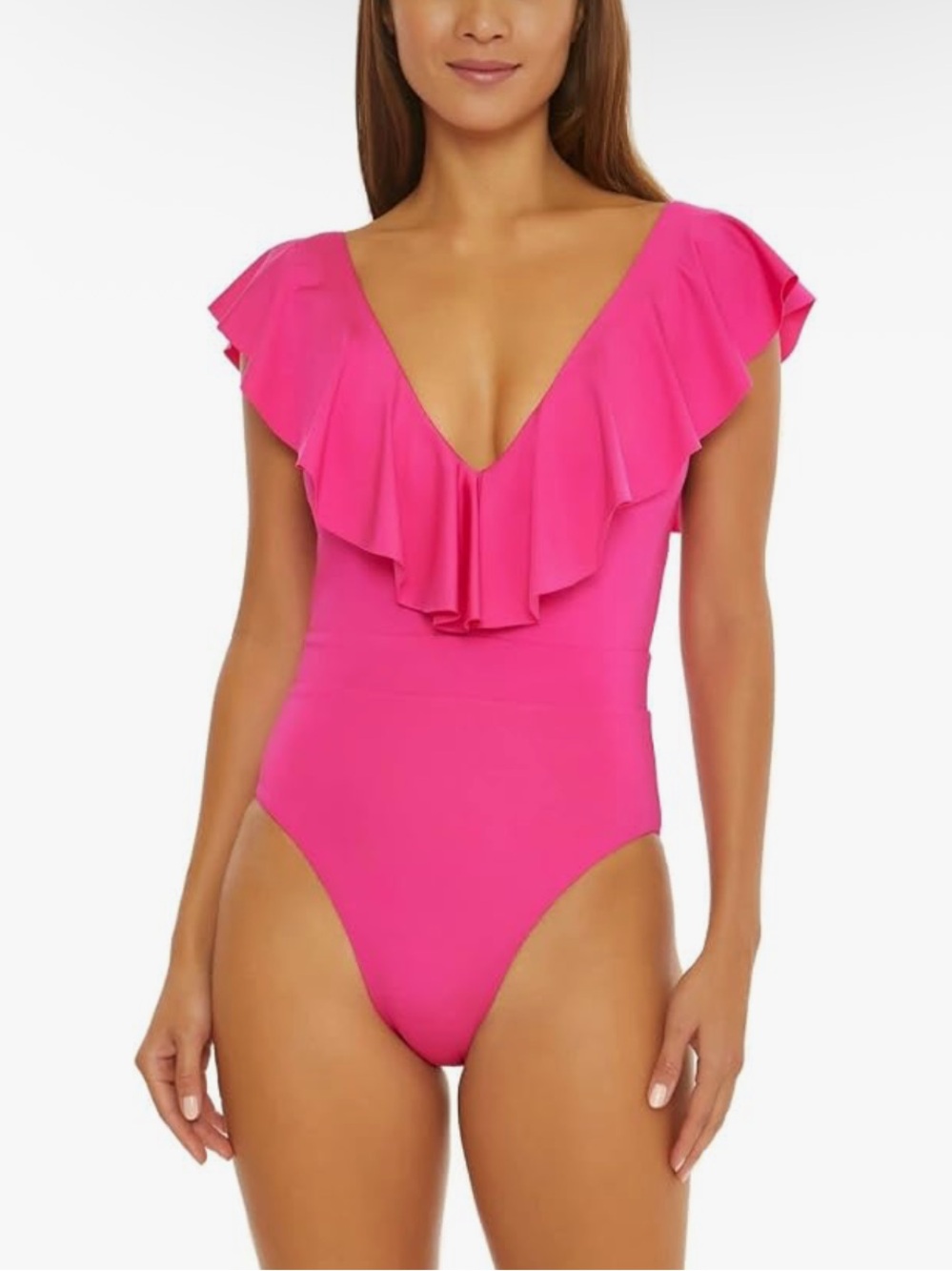 Trina Turk Atlas ruffle plunge‎ pink magenta one piece swim suit 14